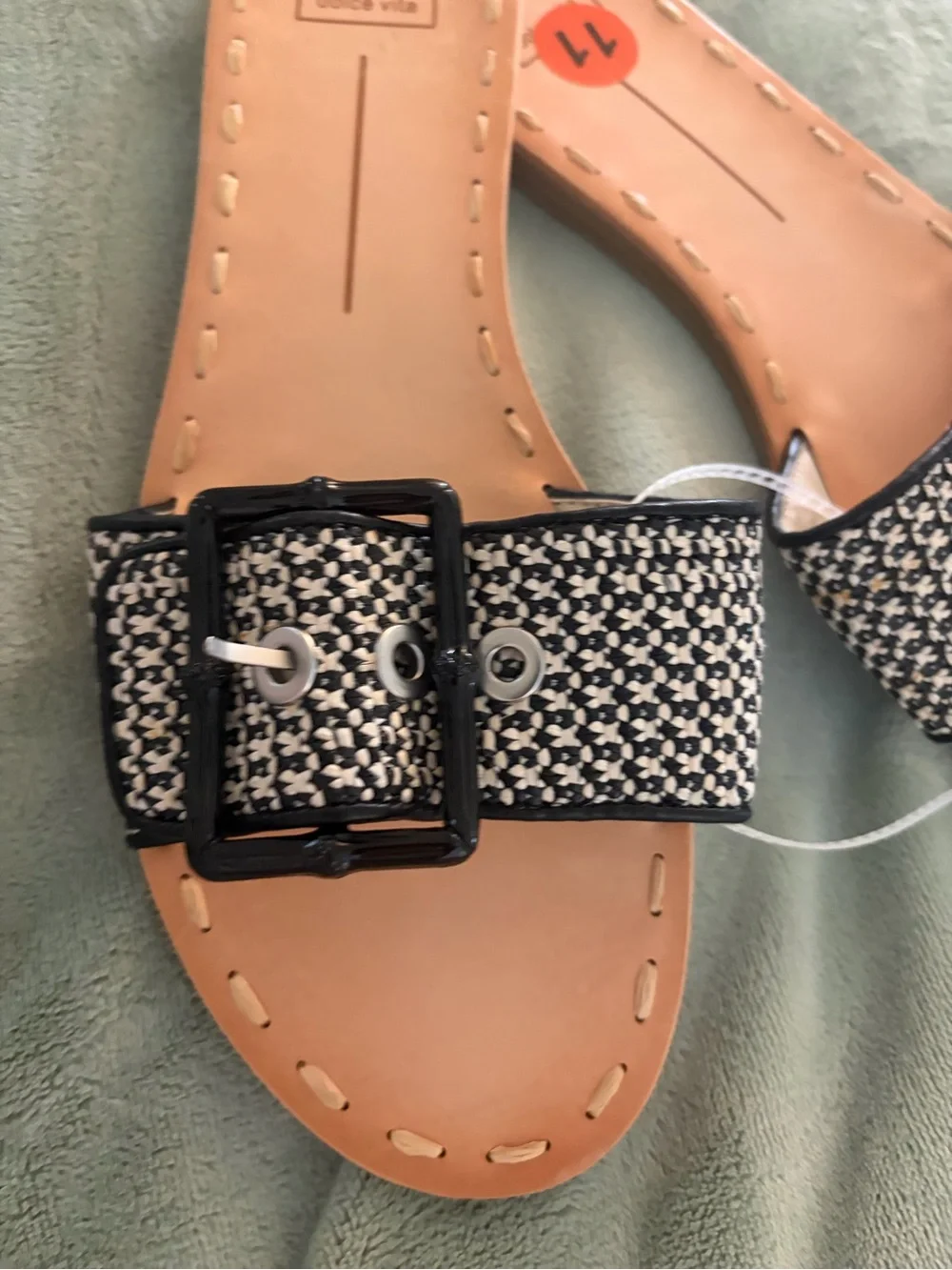 Dolce Vita Black and White Woven Buckle Slide Sandals with Tan Footbed